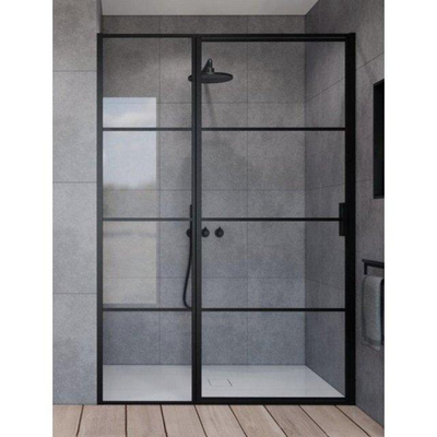 FugaFlow Efficiente Vetro Porte de douche 100x200cm avec paroi fixe verre de sécurité anticalcaire cadre Lines à l'extérieur Noir mat