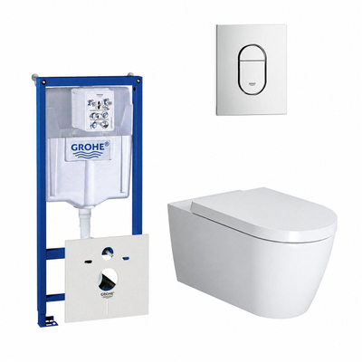 Duravit ME by Starck Pack WC avec réservoir encastrable, cuvette murale compact à fond creux avec abattant frein de chute et plaque de commande vertical chrome mat