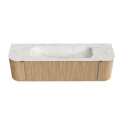 MONDIAZ KURVE-DLUX 160cm badmeubel met module 25 Len R kleur Oak met 1 lade en 2 deuren. Wastafel BIG MEDIUM midden zonder kraangat kleur Ostra.