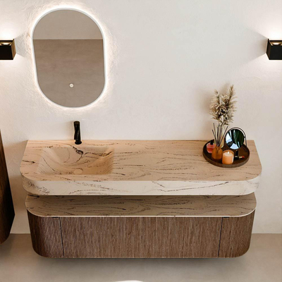 MONDIAZ THOR-DLUX 160cm badmeubel ronding links + rechts kleur Walnut met 1 lade en 2 deuren. Vrijhangende wastafel CLOUD Links 1 kraangat kleur Arena.
