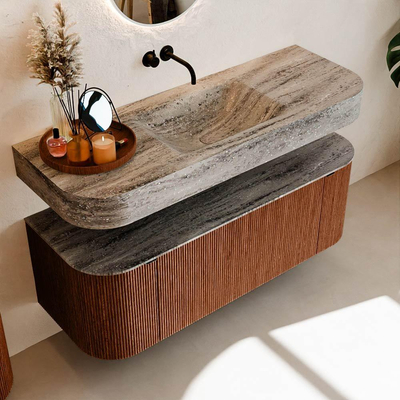 MONDIAZ THOR-DLUX 130cm meuble de salle de bains arrondi gauche + droite couleur Ruby avec 1 tiroir et 2 portes. Vasque suspendue CLOUD Centre sans trou de robinet couleur Oza.