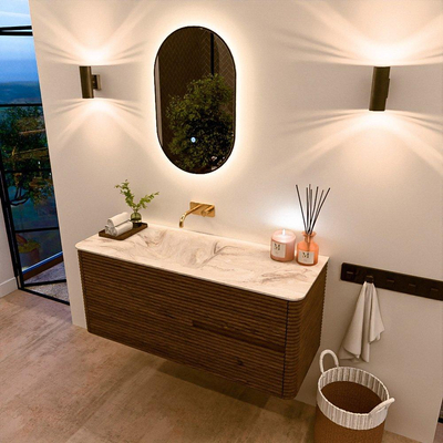 Mondiaz CIRO-DLUX Meuble de salle de bains avec miroir - 120x45x50cm - Plan vasque solid surface Frappe - 1 vasque à gauche - sans trous de robinetterie - 2 tiroirs - Dusk