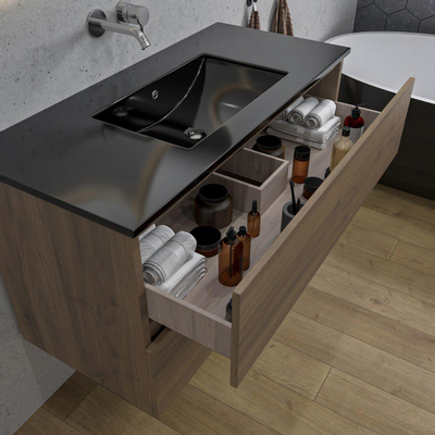 Adema Chaci Ensemble de meuble - 100x46x57cm - 1 vasque en céramique noire - sans trous de robinet - 2 tiroirs - armoire de toilette - noix