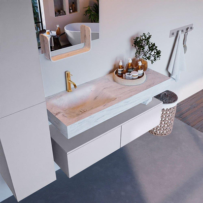 Mondiaz ALAN-DLUX Ensemble de meuble - 120cm - meuble Cale mat - 2 tiroirs - Lavabo Cloud Opalo suspendu - vasque Gauche - 1 trou de robinet