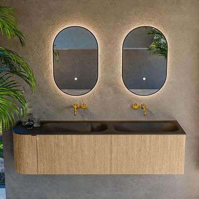 MONDIAZ KURVE 165cm Meuble salle de bain avec module 25 G - couleur Oak - 2 tiroirs - 1 porte - vasque BIG SMALL double / droite - sans trous de robinet - Urban