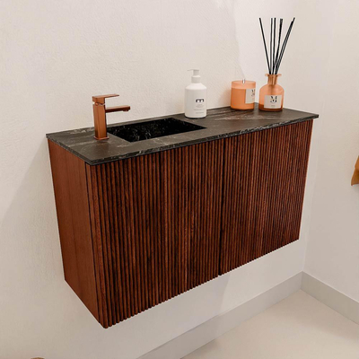 Mondiaz JOYA-DLUX 70cm toiletmeubel - kleur Ruby - Wastafel FAYE positie Links 1 kraangat kleur Lava.