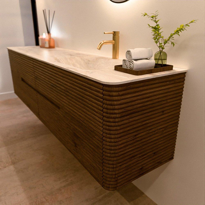 Mondiaz CIRO-DLUX Badkamermeubelset - 190x45x50cm - Solid surface wastafel Frappe - 1 wasbak Rechts - 1 kraangat - 4 lades - Dusk