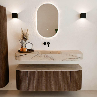 MONDIAZ THOR-DLUX 130cm badmeubel ronding links + rechts kleur Walnut met 1 lade en 2 deuren. Vrijhangende wastafel CLOUD Midden zonder kraangat kleur Arena.