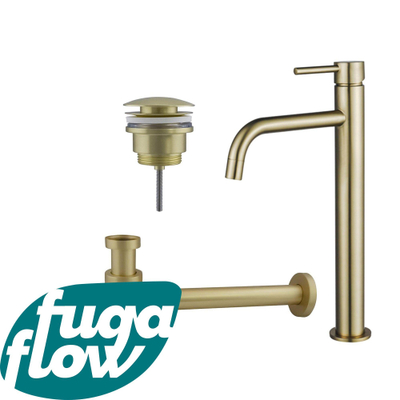 FugaFlow Eccelente Sobrado Badkamer Slim Wastafelkraanset - verhoogde wastafelkraan - klikwaste plug - verlaagde design sifon - PVD Geborsteld Messing