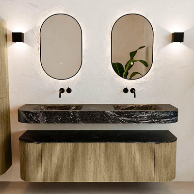 MONDIAZ THOR-DLUX 160cm meuble de salle de bains arrondi gauche + droite couleur Dusk avec 1 tiroir et 2 portes. Vasque suspendue CLOUD Double sans trou de robinet couleur Lava.