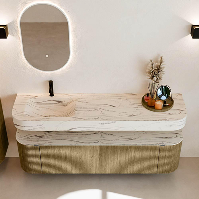 MONDIAZ THOR-DLUX 170cm meuble de salle de bains arrondi gauche + droite couleur Dusk avec 1 tiroir et 2 portes. Vasque suspendue CLOUD gauche 1 trou de robinet couleur Nata.