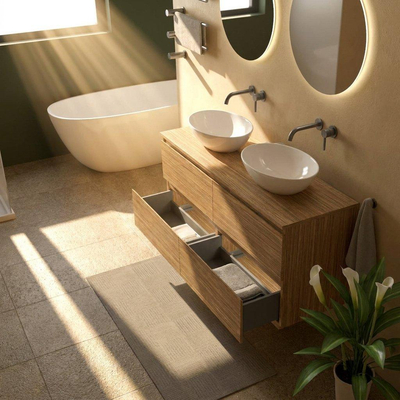 Saniclass Holz Pure Ensemble de meubles de salle de bains - 140x45x62cm - plan de travail en bois - sans trou de robinet - 4 tiroirs - chêne natural mat (bois)