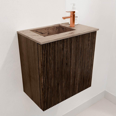 Mondiaz JOYA-DLUX 40cm toiletmeubel - kleur Walnut - Wastafel FAYE positie Links 1 kraangat kleur Arena.