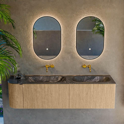 MONDIAZ KURVE-DLUX meuble de salle de bains 165 cm avec module 25 L couleur Chêne avec 2 tiroirs et 1 porte. Lavabo STOR SMALL double / droite sans trou de robinet couleur Lava.