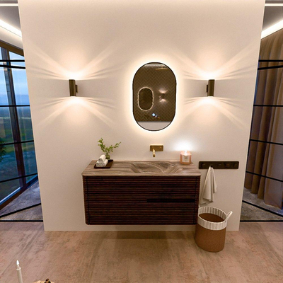 Mondiaz CIRO-DLUX Meuble de salle de bains - 110x45x50cm - Plan vasque solid surface Sombra - 1 lavabo à droite - sans trous de robinetterie - 2 tiroirs - Noyer