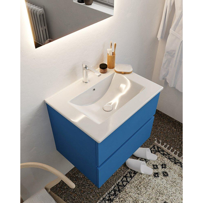 Mondiaz VICA ensemble de meuble de salle de bain - 60cm - meuble sous-vasque jeans - 2 tiroirs - lavabo denia milieu - 1 trou de robinet - miroir LED - version XL 60cm de haut