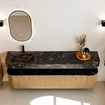 MONDIAZ THOR-DLUX Meuble de salle de bains - 200cm - arrondi gauche + droite - couleur Oak - 2 tiroirs - 2 portes - Vasque suspendue CLOUD gauche 1 trou de robinet - couleur Lava