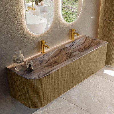 MONDIAZ KURVE-DLUX Meuble de salle de bains 145cm arrondi à gauche couleur Dusk avec 1 tiroir et 1 porte. Lavabo LEAF Double / Droite 2 trous de robinet Sombra.