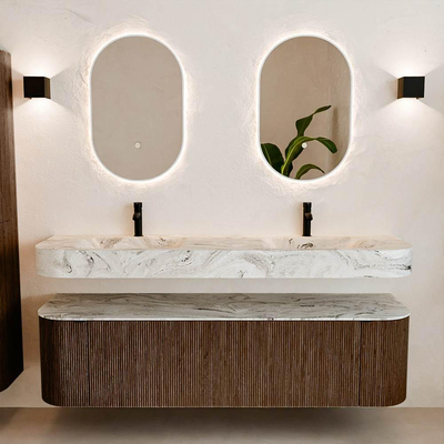 MONDIAZ THOR-DLUX 170cm meuble de salle de bains arrondi gauche + droite couleur Walnut avec 1 tiroir et 2 portes. Vasque suspendue CLOUD Double 2 trous de robinet couleur Glace.