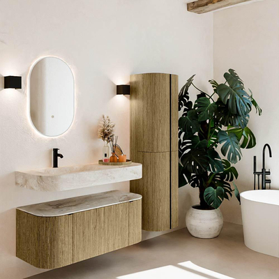 MONDIAZ THOR-DLUX Meuble de salle de bains 110cm arrondi gauche + droite couleur Dusk avec 1 tiroir et 2 portes. Vasque suspendue CLOUD Gauche 1 trou de robinet couleur Frappe.