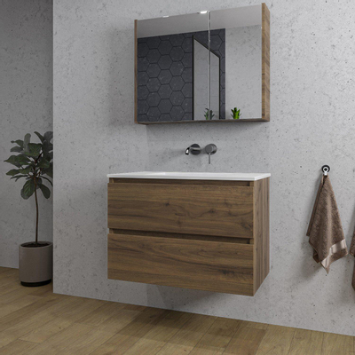 Saniclass Chaci Meuble de salle de bain - 80x46x55cm - lavabo en céramique blanc - 1 vasque - sans trous de robinet - 2 tiroirs - armoire miroir - noyer (hout)
