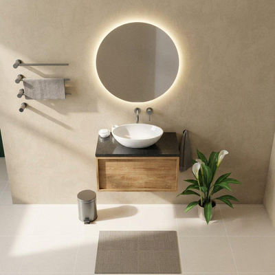 Saniclass Holz Frame Ensemble meuble de salle de bains - 80x45x43cm - Plan vasque en basalte Noche poli (noir) - sans trou de robinetterie - 1 tiroir - chêne natural mat (bois)