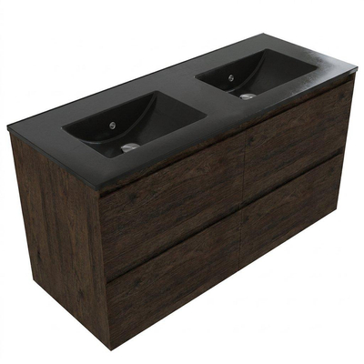 Saniclass Holz Pure Ensemble de meubles de salle de bains - 120x45x62cm - Vasque Vygo en céramique noire - 2 vasques - sans trous de robinetterie - 4 tiroirs - chêne charcoal mat (bois)