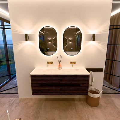 Mondiaz CIRO-DLUX Badkamermeubelset - 130x45x50cm - Solid surface wastafel Ostra - 2 wasbak Dubbel - zonder kraangaten - 4 lades - Walnut