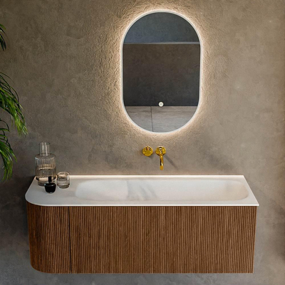 MONDIAZ KURVE 125cm Meuble salle de bain avec module 25 G - couleur Walnut - 1 tiroir - 1 porte - vasque BIG MEDIUM droite - sans trous de robinet - Talc