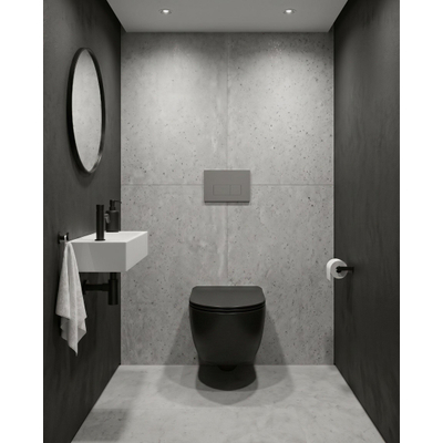 QeramiQ Dely Toiletset - 36.3x51.7cm - diepspoel - rimless - Geberit UP720 inbouwreservoir - softclose toiletzitting - bedieningsplaat licht grijs - rechtehoekige knoppen - mat zwart