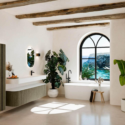 MONDIAZ THOR Meuble de salle de bains 180cm arrondi gauche + droite couleur Shadow avec 2 tiroirs et 2 portes. Vasque suspendue CLOUD Droite 1 trou de robinet couleur Talc.