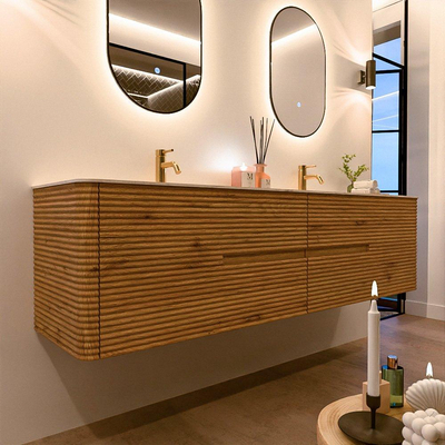 Mondiaz CIRO-DLUX Badkamermeubelset - 190x45x50cm - Solid surface wastafel Nata - 2 wasbak Dubbel - 2 kraangaten - 4 lades - Oak