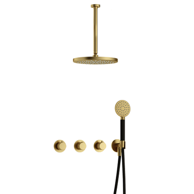 Hotbath Cobber X IBSX70 Regendoucheset inbouw - hoofddouche 30cm - plafondarm 30cm - handdouche rond 3 standen - geborsteld messing - PVD