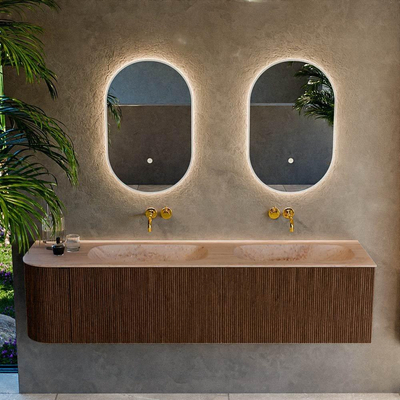 MONDIAZ KURVE-DLUX 175cm meuble de salle de bains arrondi à gauche couleur Walnut avec 2 tiroirs et 1 porte. Lavabo STOR SMALL Double / Droite sans trou de robinet Saba.
