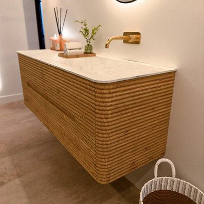 Mondiaz CIRO-DLUX Badkamermeubelset - 140x45x50cm - Solid surface wastafel Opalo - 1 wasbak Rechts - zonder kraangaten - 4 lades - Oak