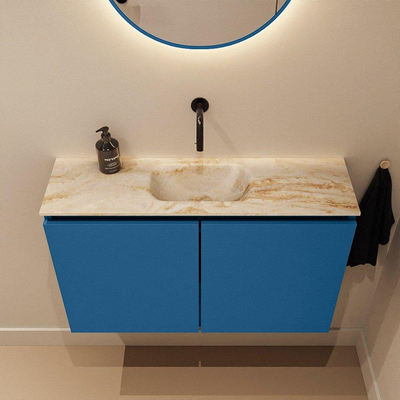 MONDIAZ TURE-DLUX Meuble toilette - 80cm - Jeans - EDEN - vasque Frappe - position centrale - sans trou de robinet