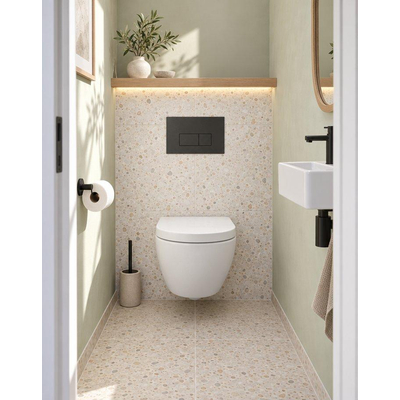 Pack WC QeramiQ Dely Swirl Compact - réservoir encastrable Geberit UP320 - avec bâti-support Burda - abattant 25 mm - plaque de commande en plastique anthracite mat - boutons rectangulaires - blanc brillant