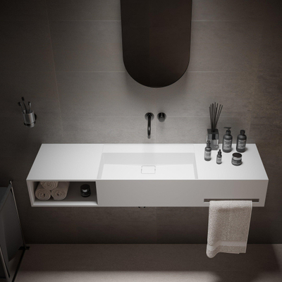 Ideavit Lavabo - 140x40x20cm - solid surface - angles intérieurs arrondis - porte-serviettes à droite - compartiment de rangement à gauche - cache-bonde carré - solid surface - blanc mat
