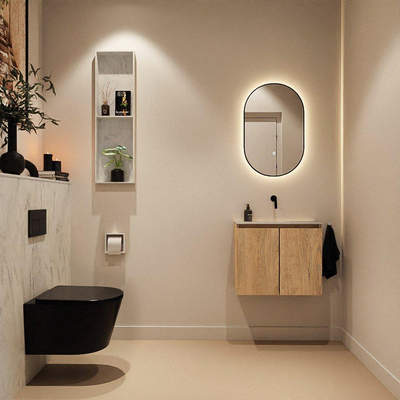 MONDIAZ TURE-DLUX Meuble toilette - 60cm - Washed Oak - EDEN - vasque Opalo - position centrale - sans trou de robinet