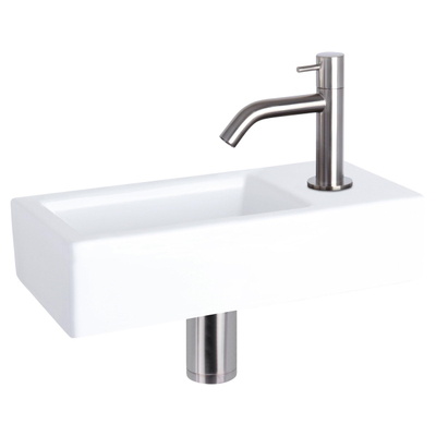 Differnz Ravo kit lave-mains - 38.5x18.5x9.5cm - Rectangulaire - 1 trou de robinet - Robinet chromé mat courbé - Céramique Blanche