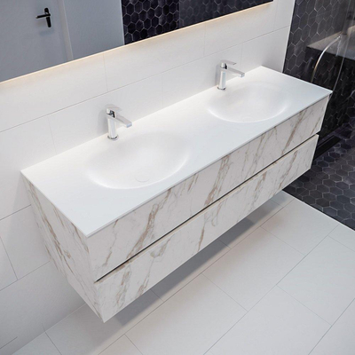 ENSEMBLE DE MEUBLE MONDIAZ VICA - 150 cm - 2 tiroirs - lavabo Moon double - 2 trous de robinet - solid surface marbre carrara