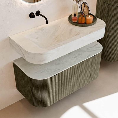 MONDIAZ THOR-DLUX 100cm meuble de salle de bains arrondi gauche + droite couleur Shadow avec 1 tiroir et 2 portes. Vasque suspendue CLOUD Gauche sans trou de robinet couleur Opalo.