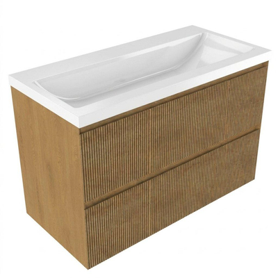 Saniclass Holz Atelier Ensemble de meubles de salle de bains - 100x45x63.5cm - Lavabo Bari en céramique blanc - 1 vasque - 1 trou de robinet - 2 tiroirs - chêne natural mat (bois)