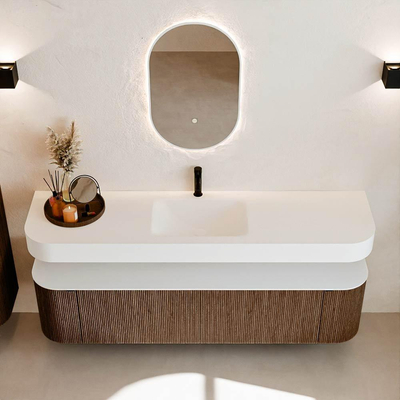 MONDIAZ THOR 180cm meuble de salle de bains arrondi gauche + droite couleur Walnut avec 2 tiroirs et 2 portes. Vasque suspendue CLOUD Milieu 1 trou de robinet couleur Talc.