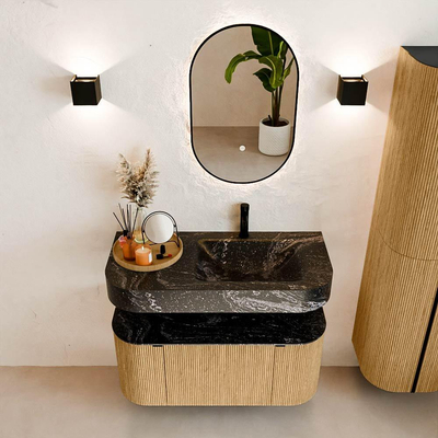 MONDIAZ THOR-DLUX 100cm meuble de salle de bains arrondi gauche + droite couleur Chêne avec 1 tiroir et 2 portes. Vasque suspendue CLOUD Droite 1 trou de robinet couleur Lava.