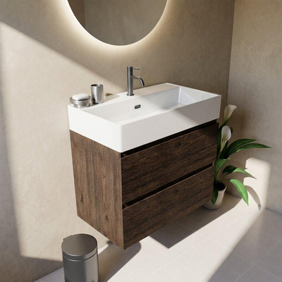 Saniclass Holz Pure Ensemble meuble de salle de bains - 80x45x72cm - Legend lavabo en céramique blanc - 1 vasque - 1 trou de robinetterie - 2 tiroirs - chêne charcoal mat (bois)