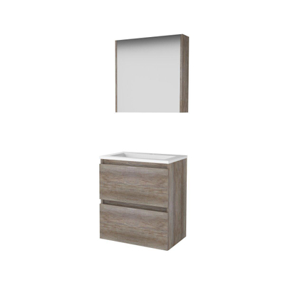 Basic-Line Comfort 39 ensemble de meubles de salle de bain 60x39cm sans poignée 2 tiroirs lavabo acrylique 1 trou de robinetterie armoire de toilette mfc scotch oak