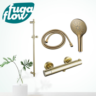 FugaFlow Eccelente Sobrado Ensemble de douche barre curseur avec douchette ronde, flexible en métal et robinet de douche Laiton brossé PVD