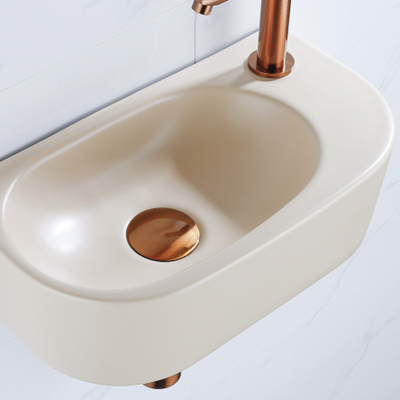 QeramiQ Fuente pack lave-mains – demi-rond – 40 x 21,5 x 12 cm – perçage à droite – robinet cuivre brossé