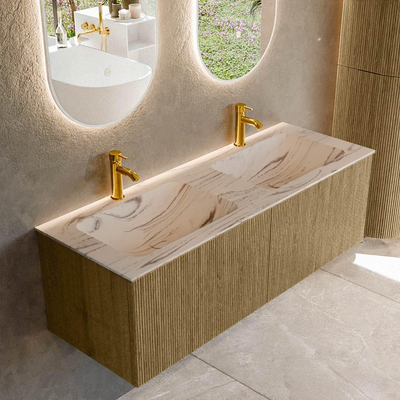 MONDIAZ KURVE-DLUX Meuble de salle de bains 130cm couleur Dusk avec 2 tiroirs et 0 portes. Lavabo LEAF Double 2 trous de robinet Nata.